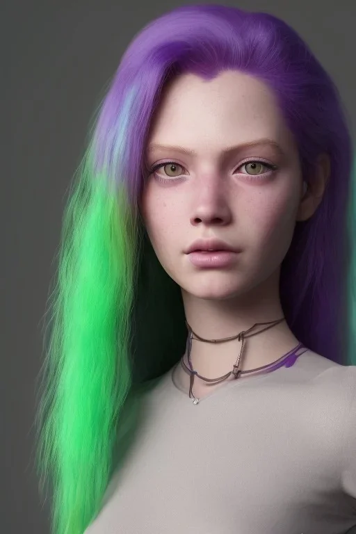 long purple haired human girl with bright green eyes