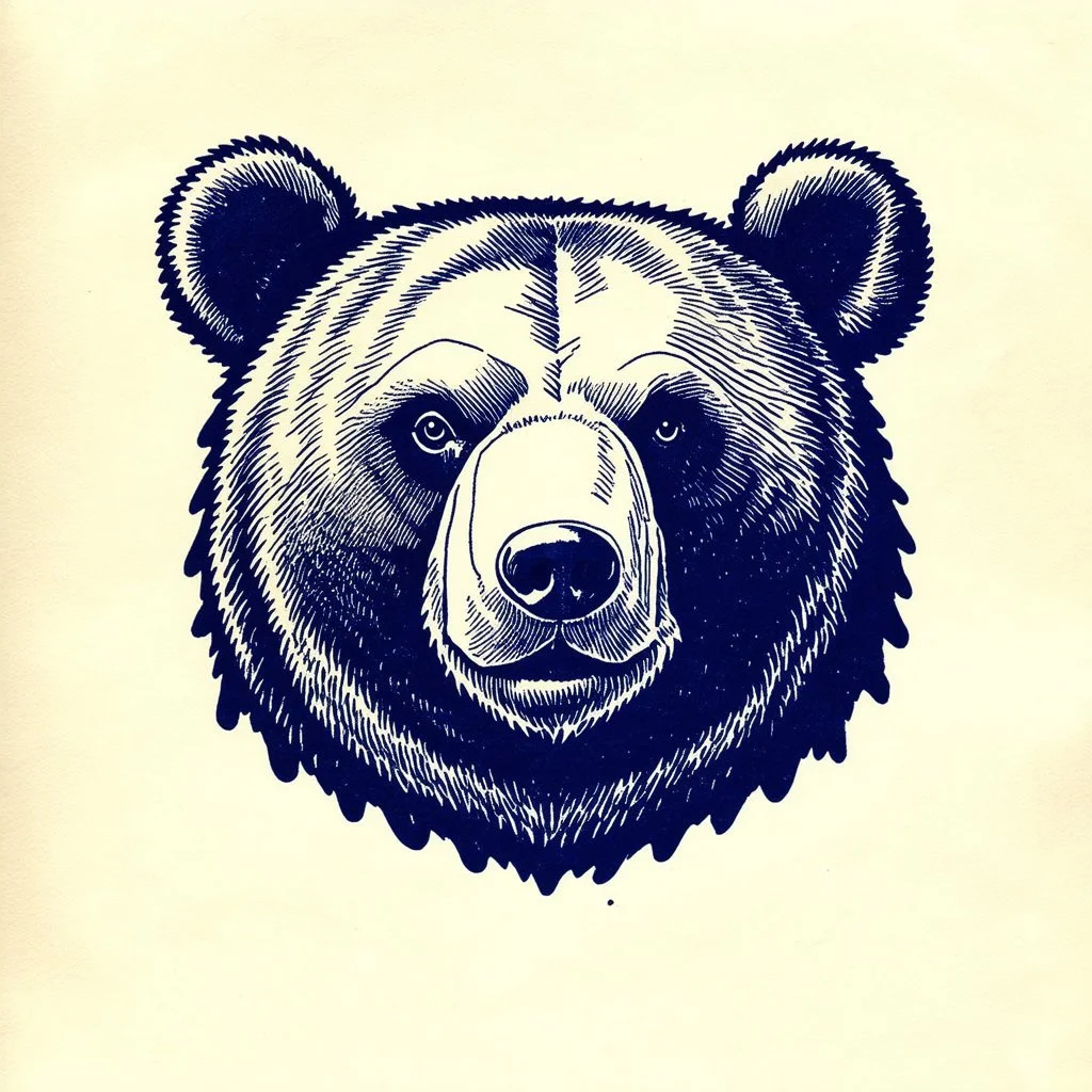 bear head, 70s comics style, block print with indigo ink on creamy paper texture, strong contrast