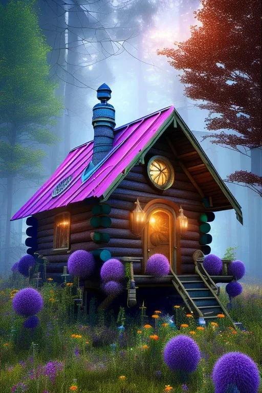 hyper detail, mystical forest, small wooden cabin, purple blue yellow silver teal black olive azure, red, pink, brown, flowers, steampunk,