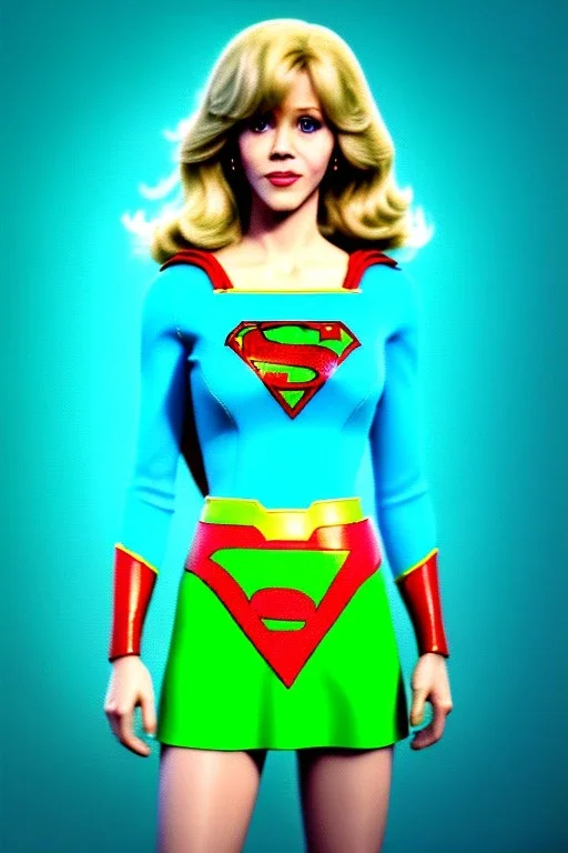 portrait, blonde, Jane Fonda, make-up, happy, Realistic image, retro pop, 60s, supergirl, tights minimal dress, sweat, Color background, photo studio, concept art, smooth, unreal engine 5, god lights, ray tracing, RTX, lumen lighting, ultra detail, volumetric lighting, 3d, finely drawn, high definition, 4k.