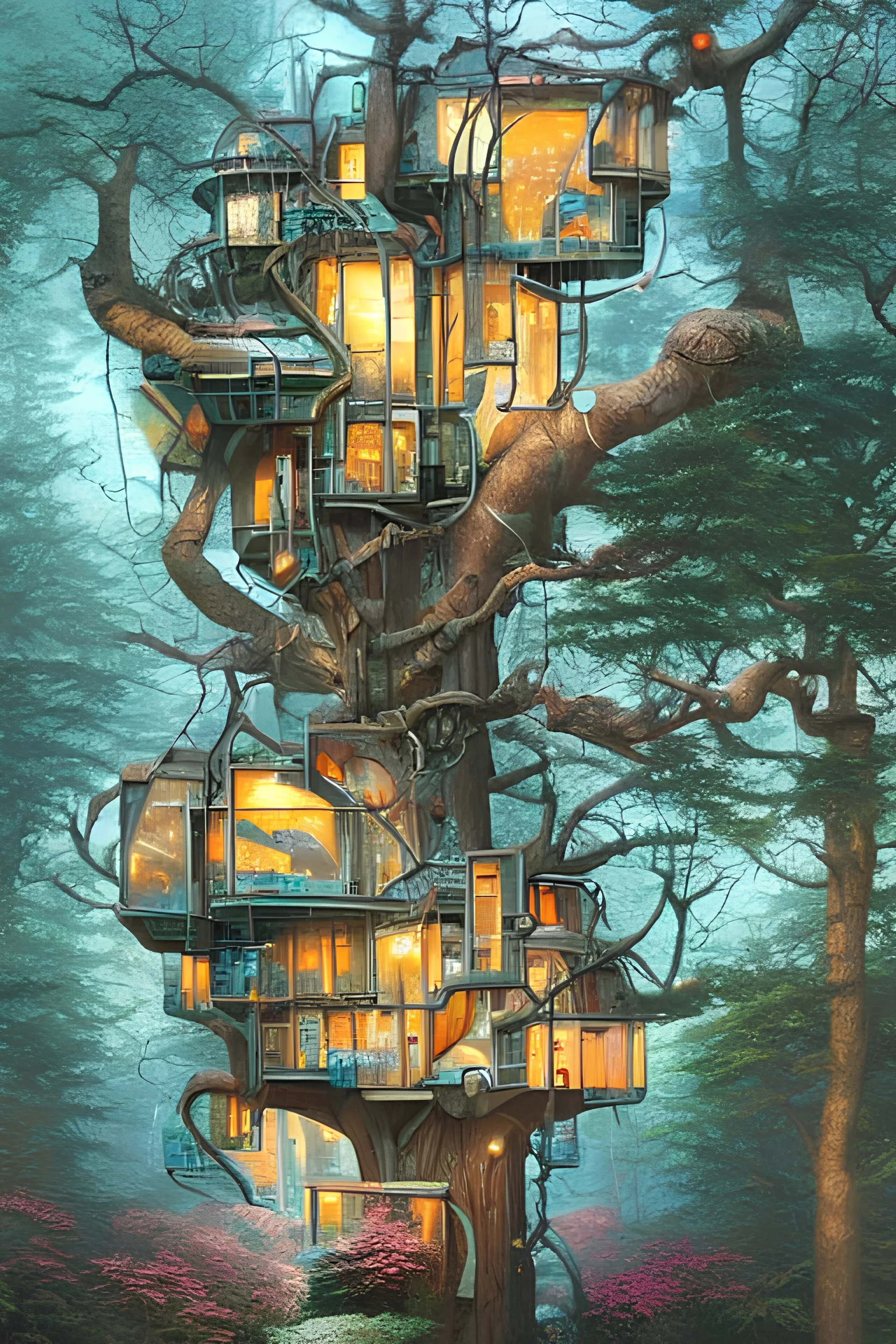 A surreal futuristic stylish modern flat, on Epic tree, treehouse, art by Thomas Kinkade and Lee Madgwick , photorealistic