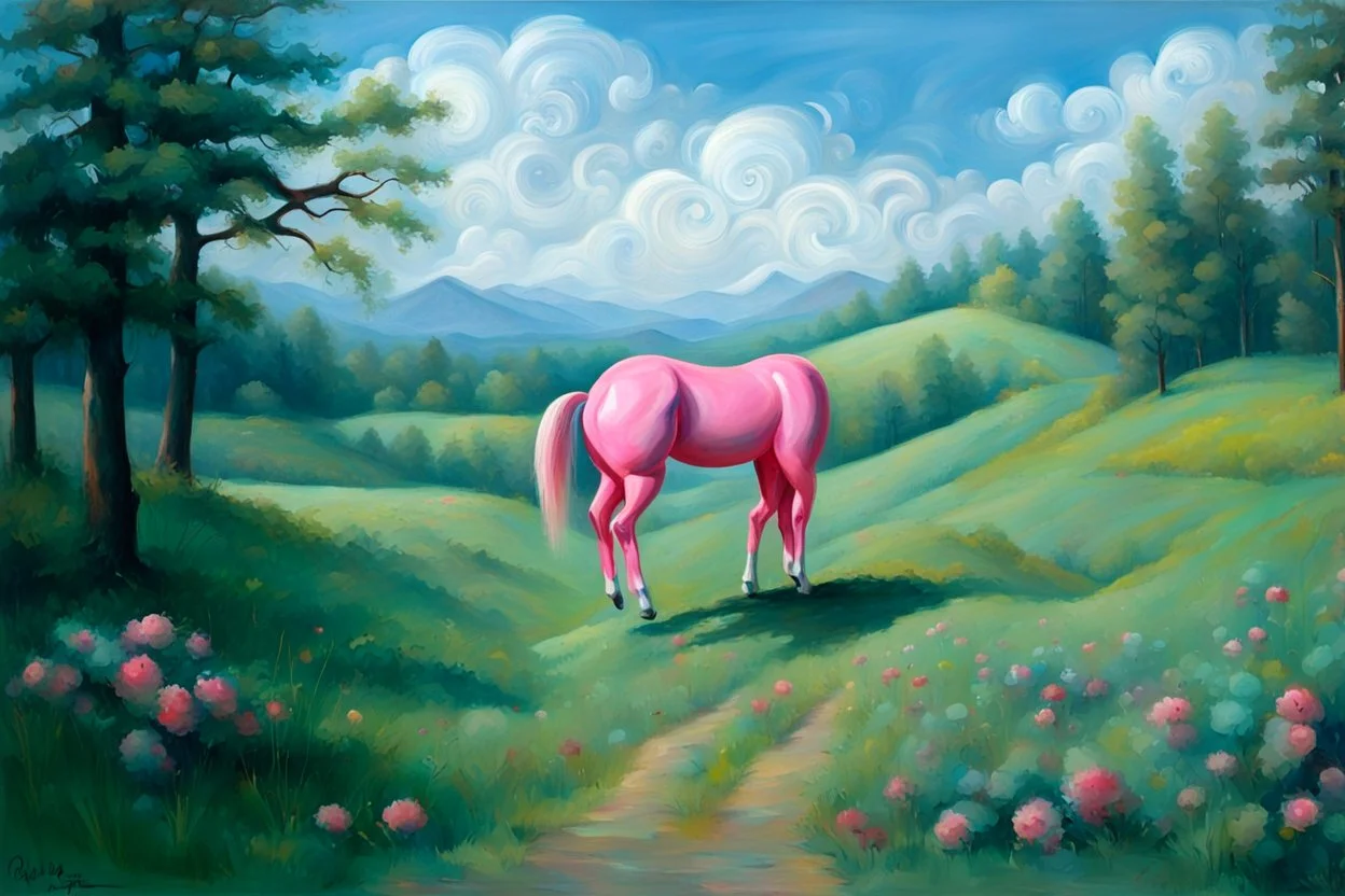 Big pink plastic toy horse.19th painting