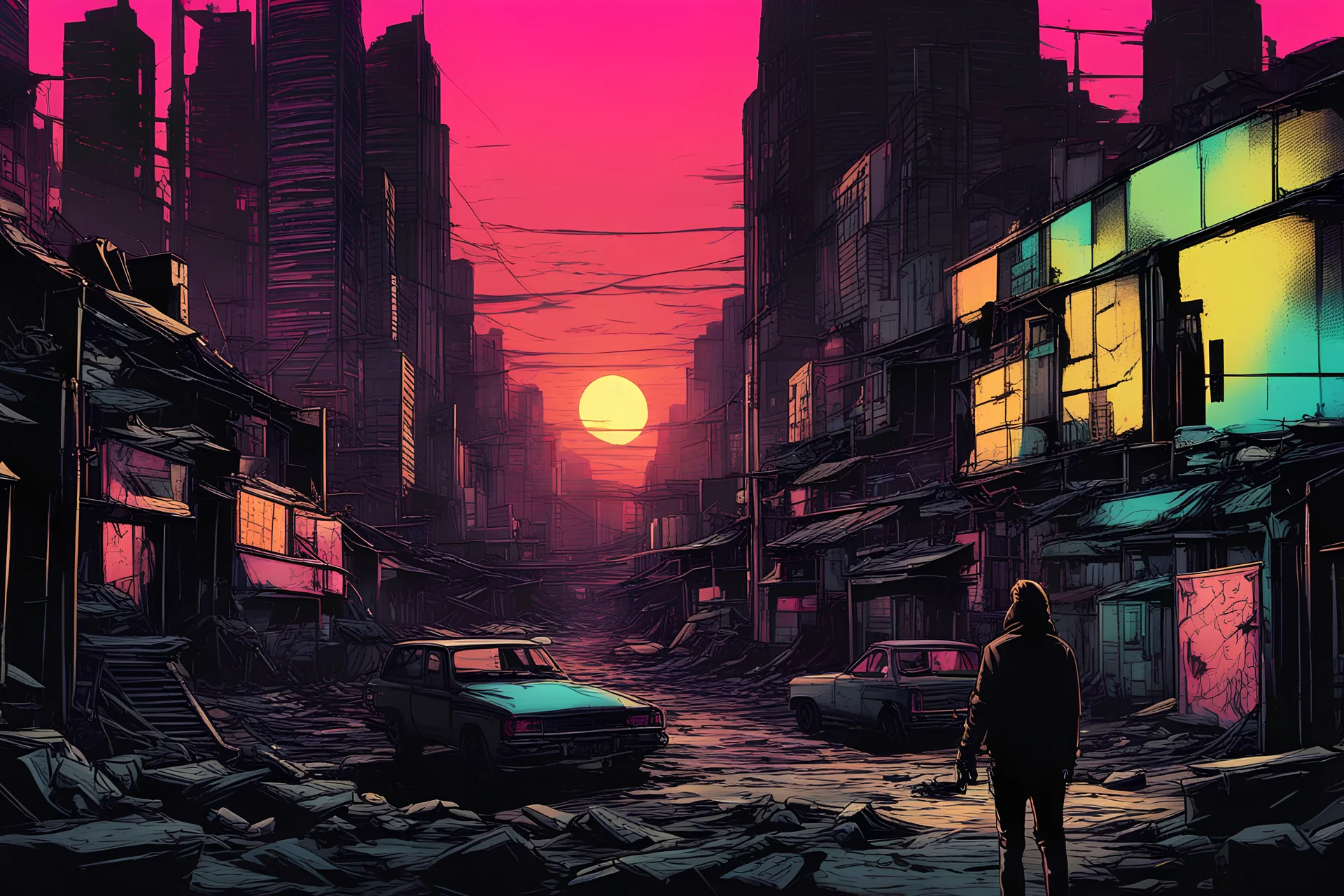 sunset, comic style, post-apocalypse city landscape, negative space, temporal hallucination, mystical, dark apocalypse, perspective, very bright neon colors and deepblack, 4K desktop, ink, very high contrast, chiaroscuro