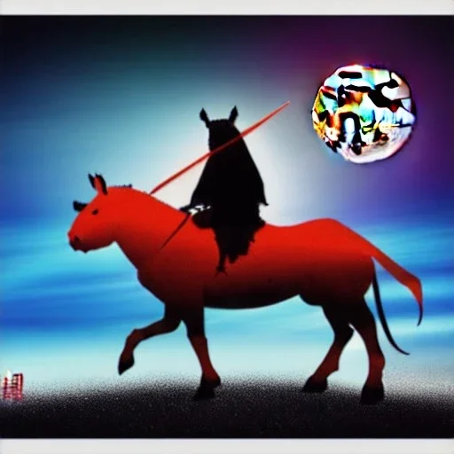 red samurai riding a red rhino, full moon, transparent background