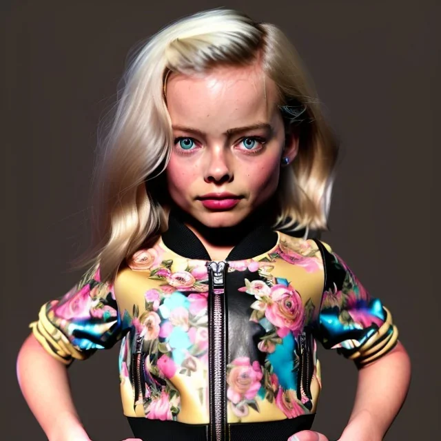 Margot Robbie toddler, full body, leather jacket, floral shirt, floral skirt, shoe, soft skin, dramatic lighting, hyper realistic