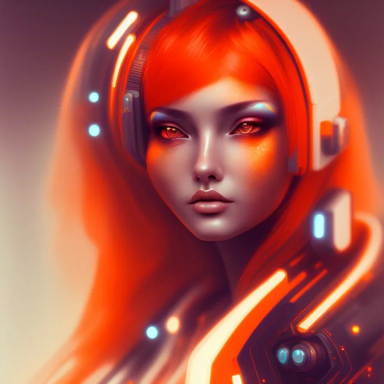 A beautiful portrait of a cute cyberpunk woman orange color scheme, high key lighting, volumetric light