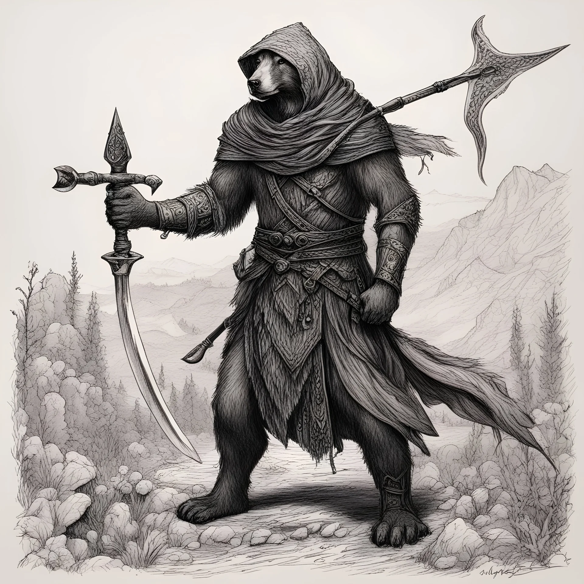 Alrabeg who bears the Spear of Bitter Mercy He comes here from the Hunting Grounds to hunt new prey, in Gel Pen art style