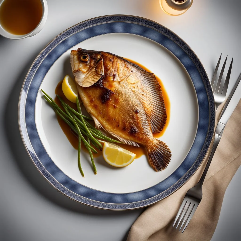 a fried (((flatfish))) served on elegant porcelain plate with steel forks; overhead shot, UHD photo, photo-realistic, award-winning photo, extremely detailed, ultra-high quality, amazing reflections, beautiful textures, excellent shadows