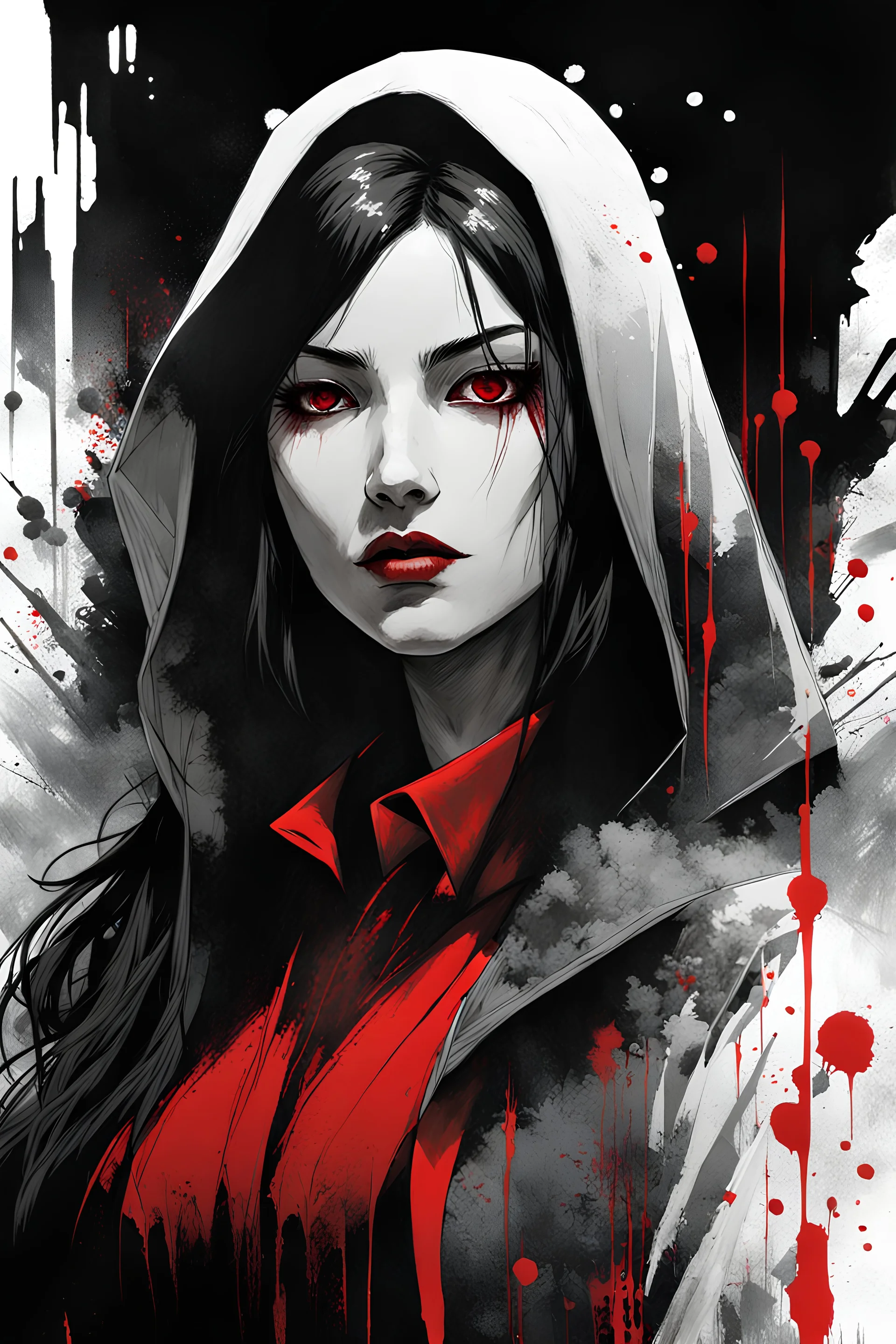 Carmilla, female vampire, negative red, black and white Speedpaint with large brush strokes by, Junji Ito, Ismail Inceoglu, Gazelli, Kouta Hirano, Takato Yamamoto, paint splatter, white ink, a masterpiece, 8k resolution, trending on artstation, horror, terrifying, highly detailed and intricate