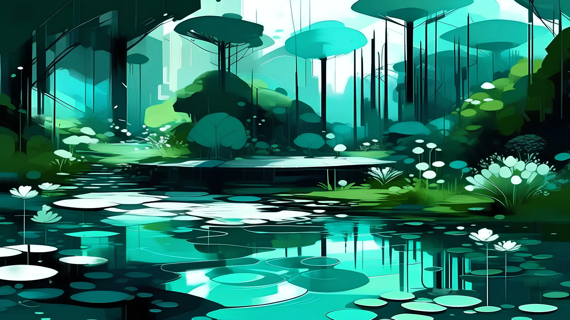 Abstract digital painting of a futuristic and sustainable garden with a lake. Colors are light blue, dark green and light grey.