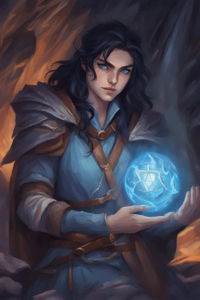 A DnD character in a dark cave. A mysterious half-elf twilight cleric with dark hair and blue eyes.