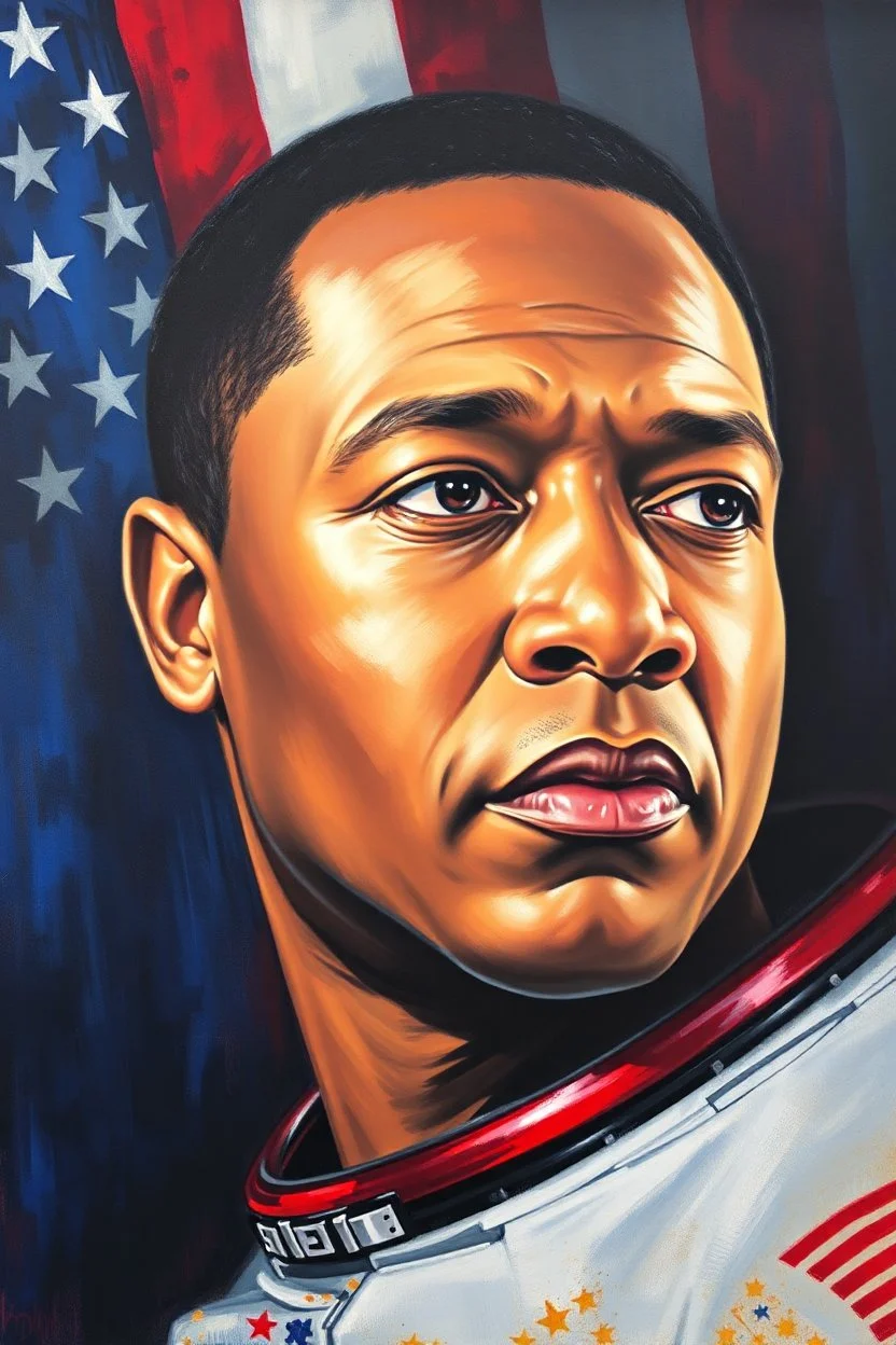 an expressive painting of Apollo 11 Louise Armstrong side view face with the American flag in the background, might see a companion with features of absolute strength and determination, blended with warmth and deep faith. Perhaps his head expresses wisdom and courage, with eyes radiating confidence and faith.