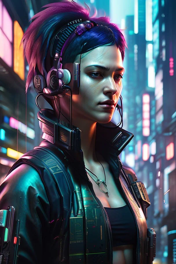 Realizza una dettagliata e ad alta risoluzione rappresentazione di un personaggio cyberpunk semi-realistico immerso in un contesto urbano, integrando senza soluzione di continuità la tecnologia avanzata con un ambiente grintoso. Immagina un protagonista che si muove attraverso le strade affollate, adornato di miglioramenti cibernetici che potenziano le sue capacità fisiche.