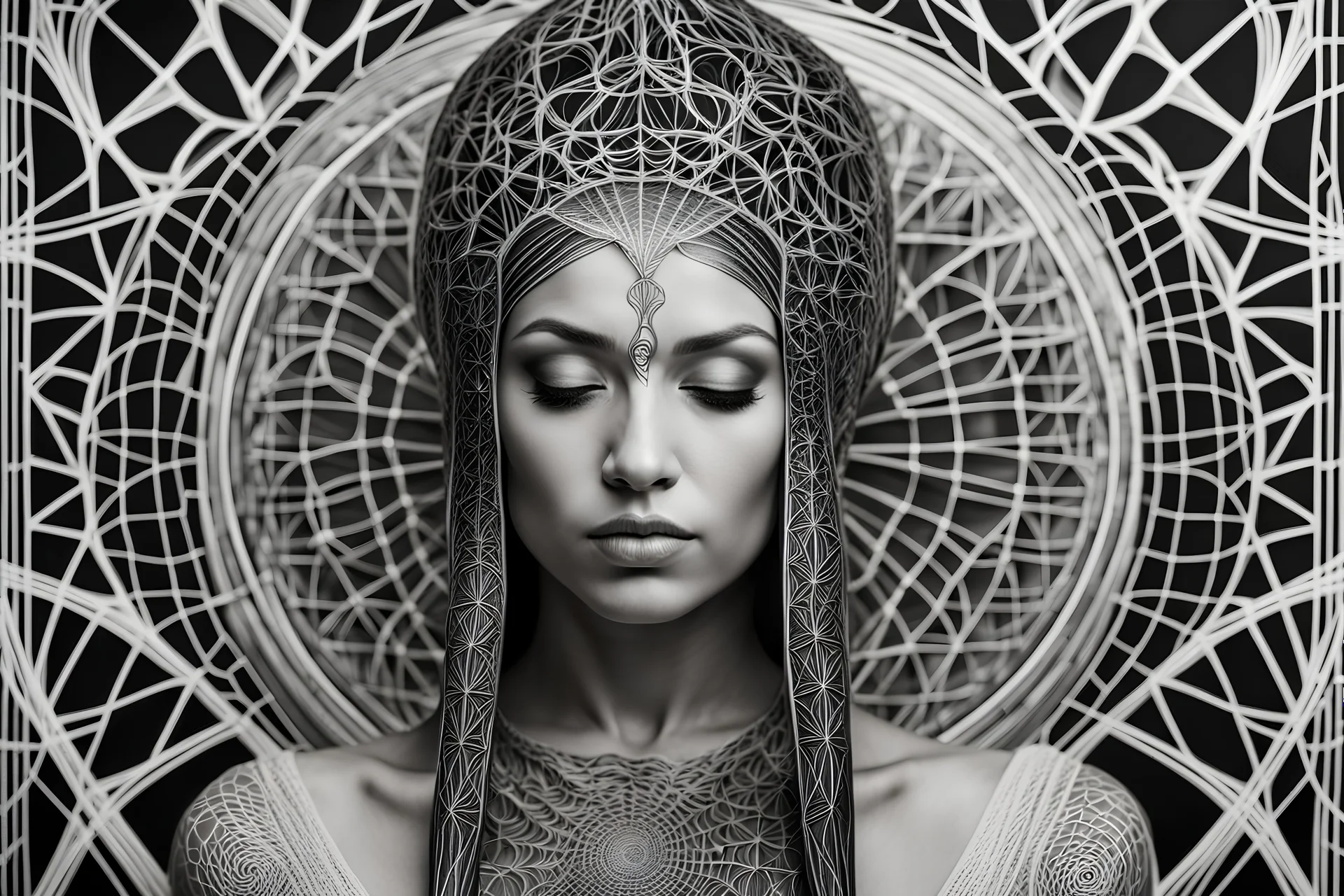 black and white woman spires and spindles and webs in the style of alex grey