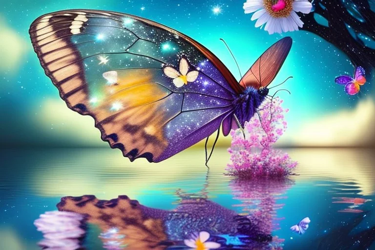 tree, water reflection, butterfly, flowers, galaxy, cosmos, science fiction, epic scene.