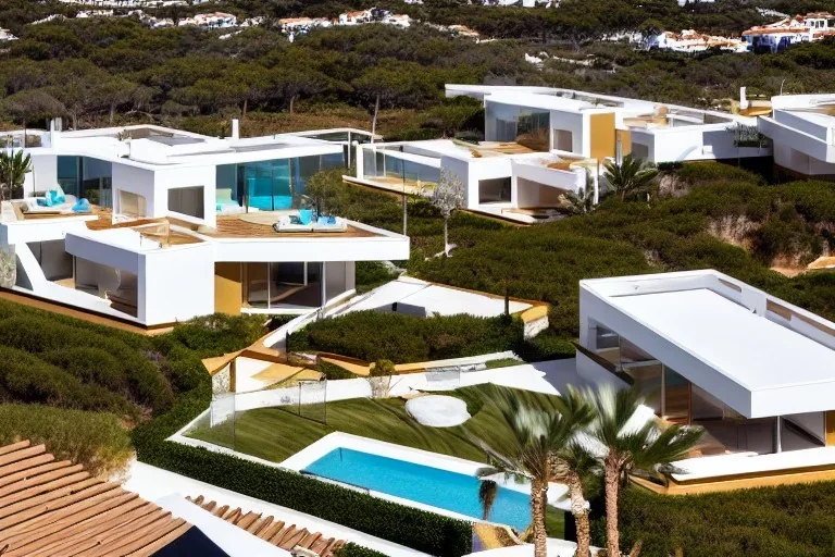 Day in algarve quinta do lago, aerial architectural view, modern luxury villas architecture building WITH STRAIGHT LINES AND CANNOPY in white render and wood with cannopy in gold metallic details and a modern luxury hotel building with two floors and extending covered terraces cascading, pinus pinea overlooking the golf course, green roofs and pools, sloped land with pinus pinea, hyper realistic 8k ultra render