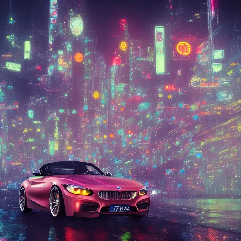 2022 BMW Z4 in the rain in a big city with lots of neon lights at nighttime