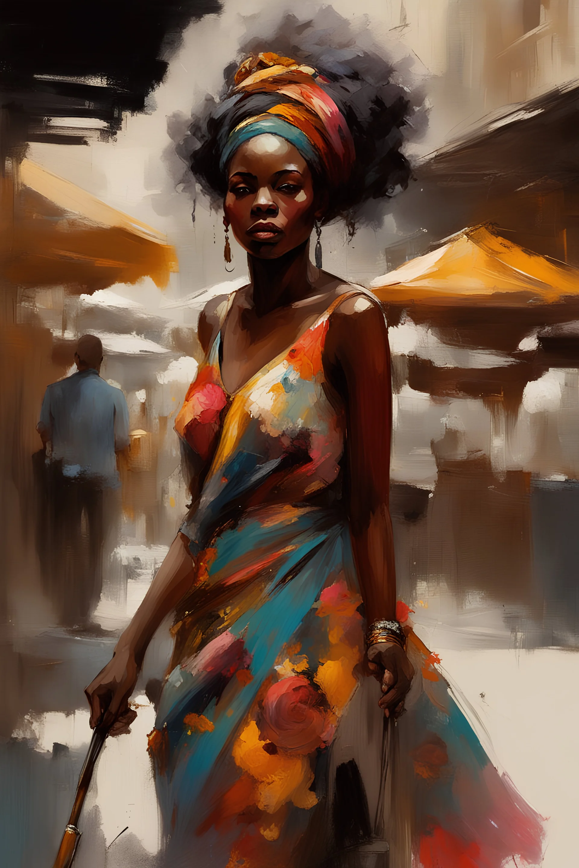 1 dark African woman in bright floral dress selling at market Speedpaint_with_large_brush_strokes_ by Deymonaz,Jeremy Mann, Jeremy Mann, Pino Daeni, Alphonse Mucha, Alex Maleev and Liz Gael, oil splash, Paint Strokes,ink drip