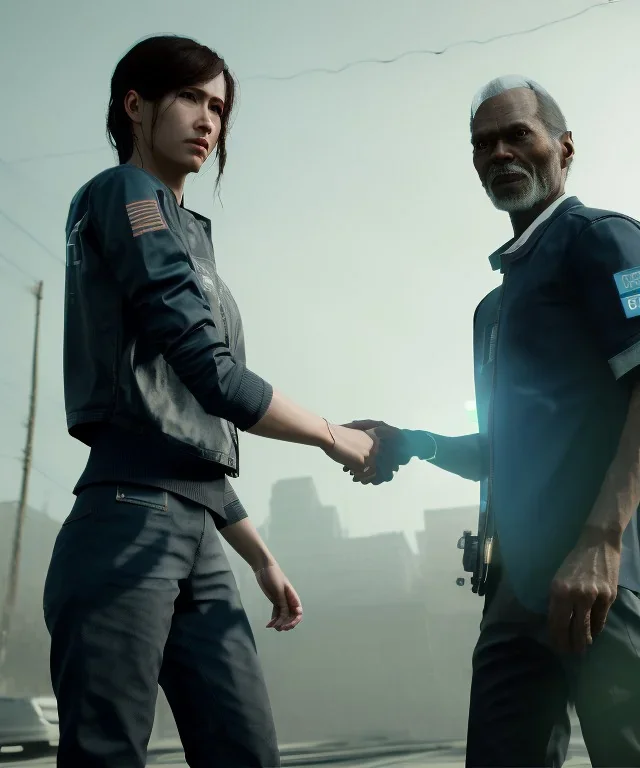 detroit become human, two people looking at each other, real Handshake 10 fingers , sci-fi fantasy style, volumetric lighting, particales,highly detailed,cinamatic, deep colours,8k.