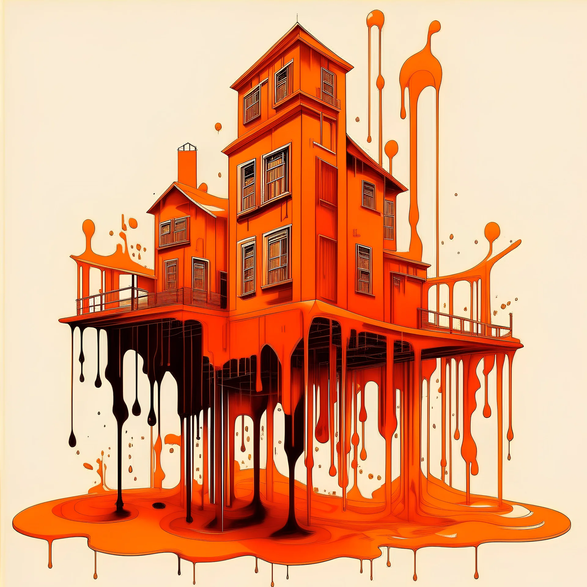 ORANGE INK DRIPPING FORMING BUILDING LIKE STRUCTURES AND STREETS AND I T LOOKS LIKE A SMALL TOWN