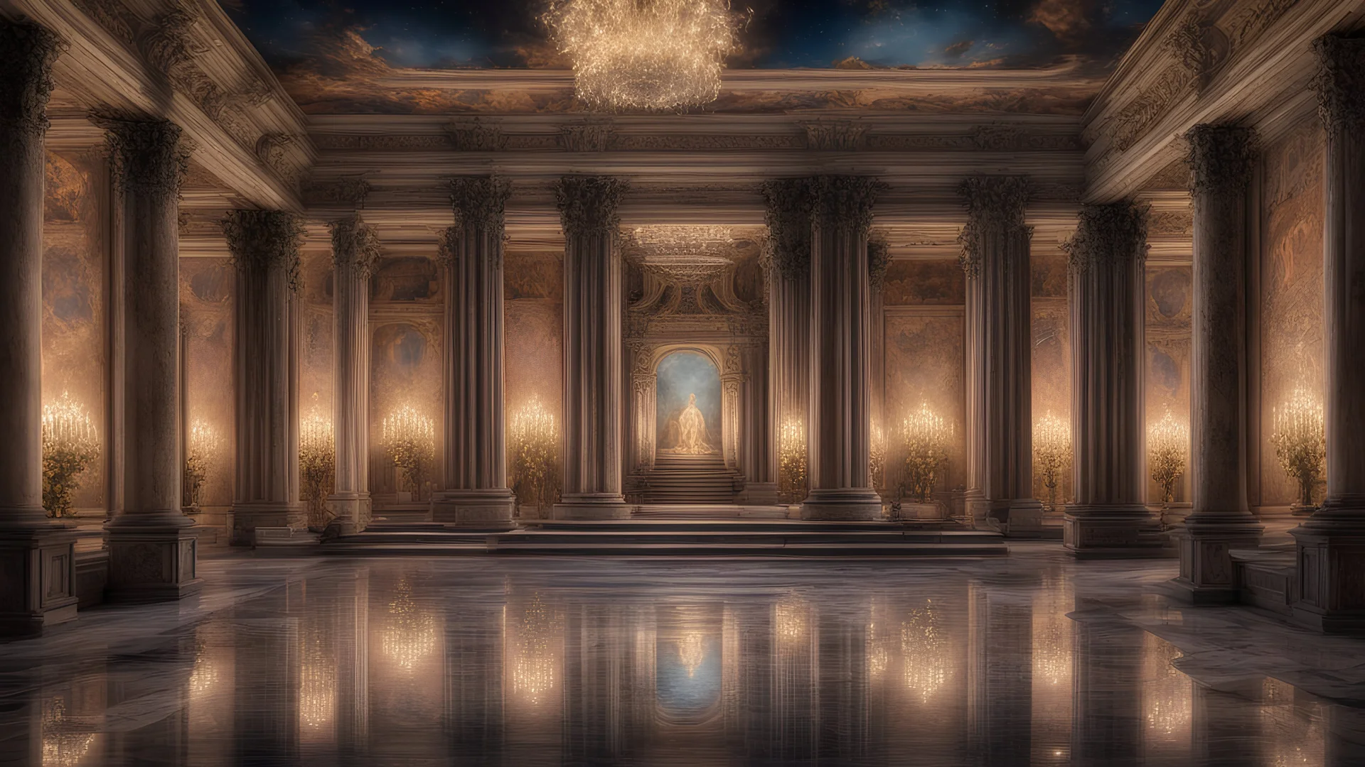 symmetrical night-time view inside a palace in ancient Rome showing rooms, halls, courtyards, sparkling fountains, night, many lamps, perfect symmetry, luxury, magnificent, marble statues, coloured pictorial tapestries, paintings, dream world, calm beauty, symmetry, fantasy world, magic, splendor, uplifting, inspiring, therapeutic, chiaroscuro, color, award-winning colour photograph, beautiful composition, exquisite detail, Nikon 135mm