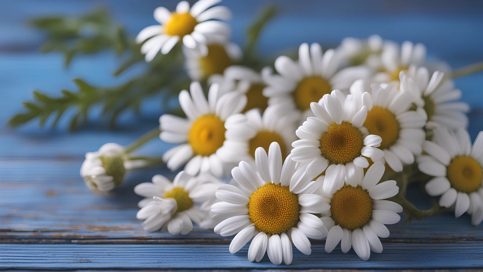 Chamomile flowers on blue wooden table