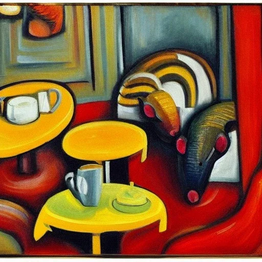 Expressionist portrait of armadillos having coffee in a diner 1920s