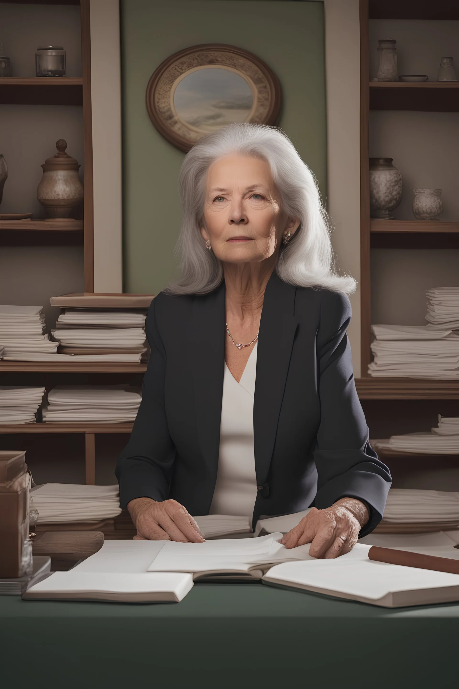 Portrait of an 69 year old republican female president from Alaska. She has grey hair and green eyes. She looks exhausted