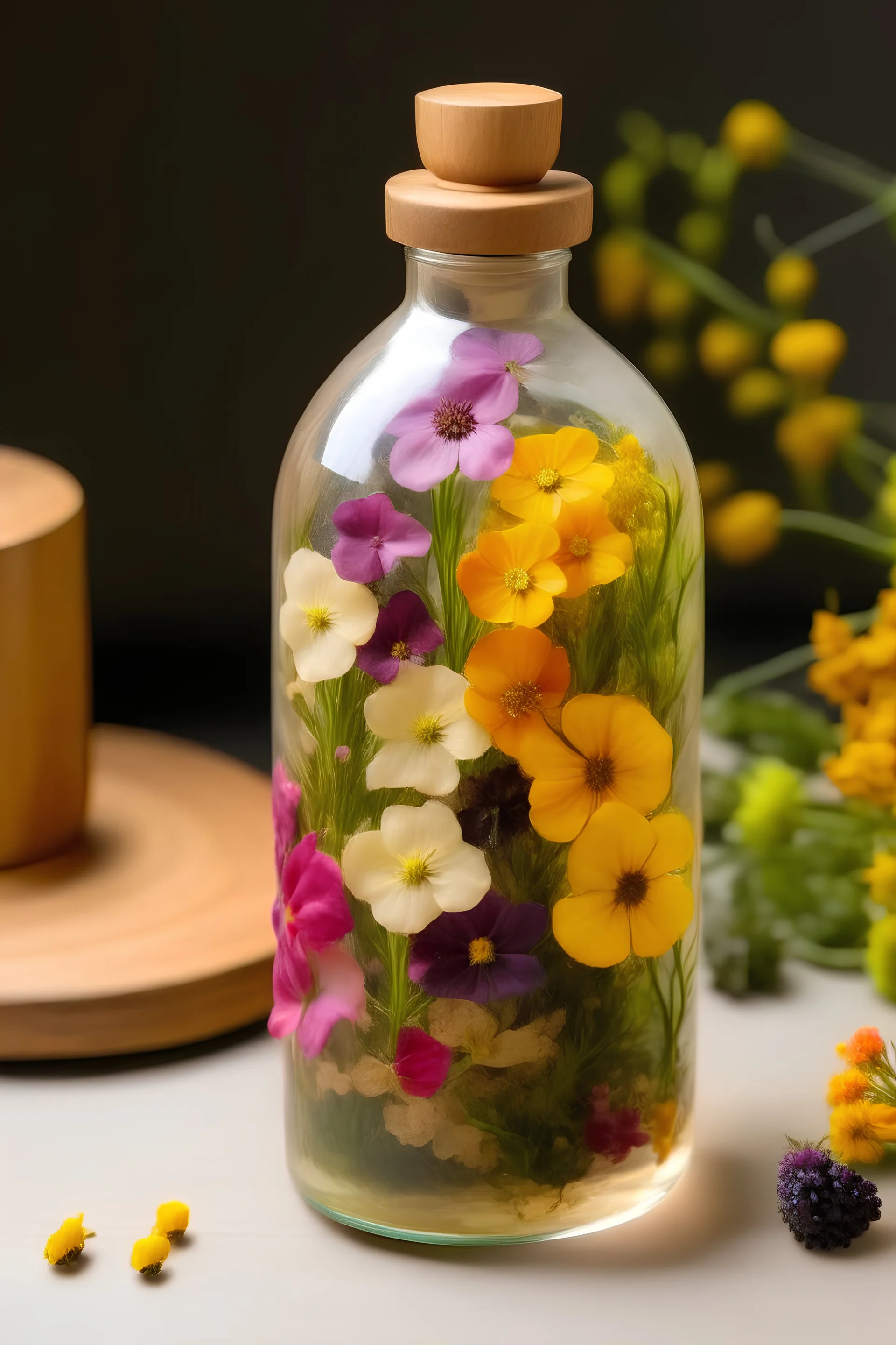 A bottle of pressed shower gel filled with plant flowers