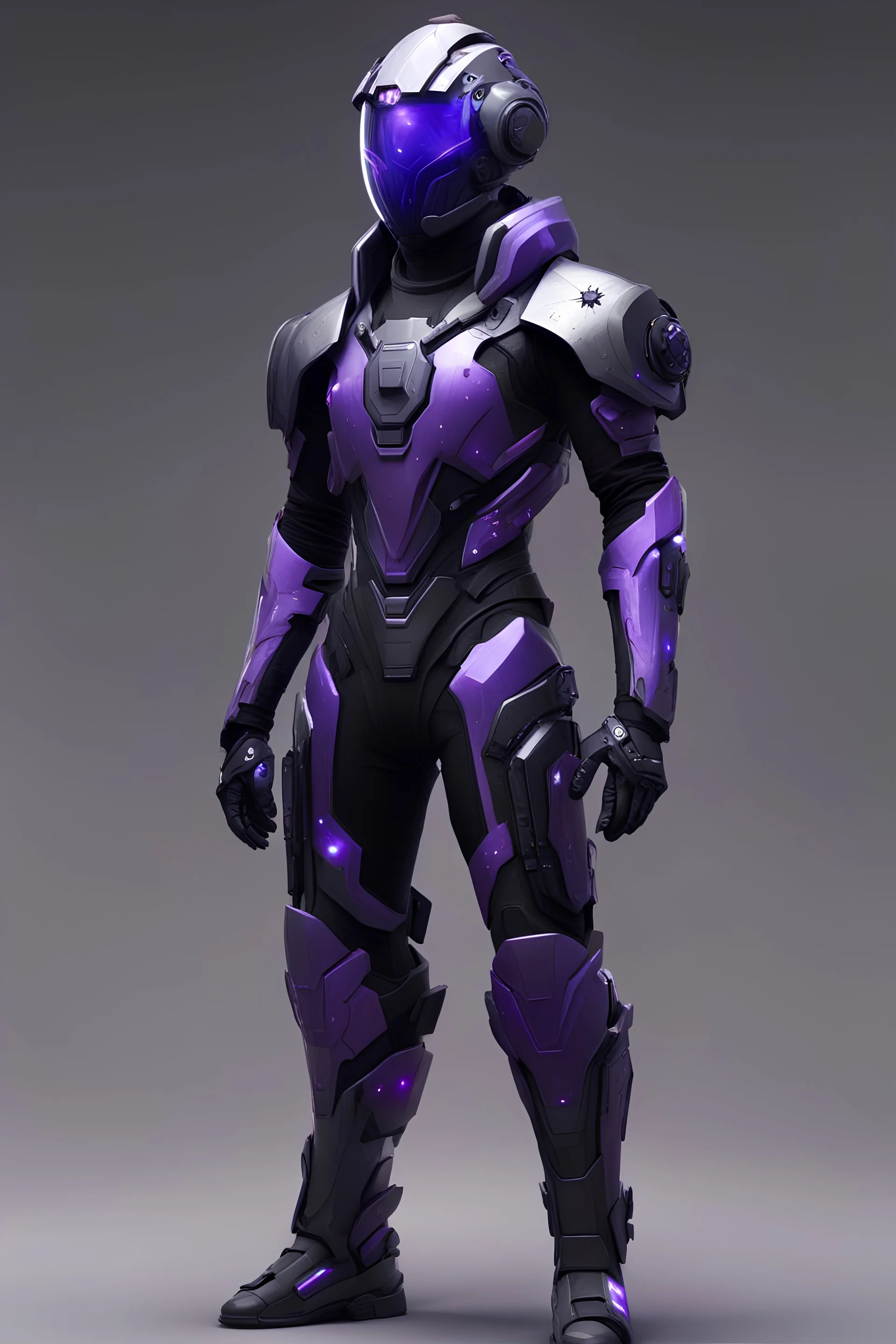 Futuristic armour, male, mask/helmet, black, purple visor, galaxy looking cental peices, full body shot