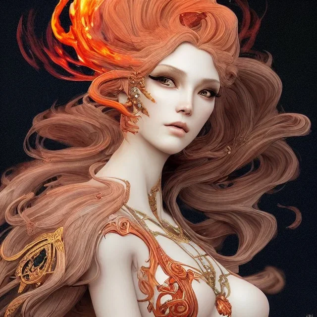 character render a goddess of fire, intricate, flowy, volcanic ash, lava as hair, smoke, intangiable, close-up, centered, Character concept by yoshitaka amano, herbert arnould olivier, alphonse mucha, Akihiko Yoshida, Hyung-tae Kim, alexander mcqueen. trending on Artstation