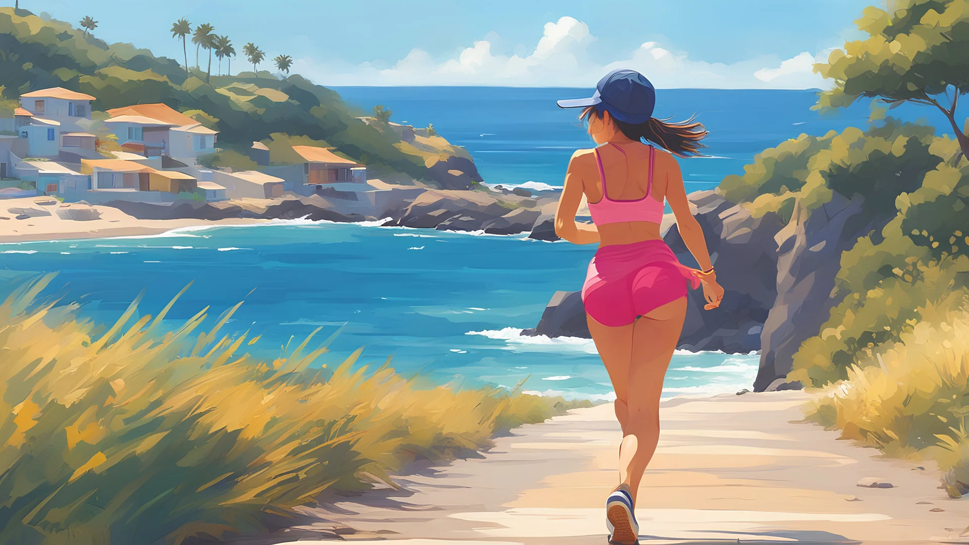 Draw the side view of a natural beautiful woman running along the coastal road by Laguna Beach, wearing tight workout short clothes and a cap, golden ratio, fake detail, trending pixiv fanbox, acrylic palette knife, style of makoto shinkai studio, high quality, 8k