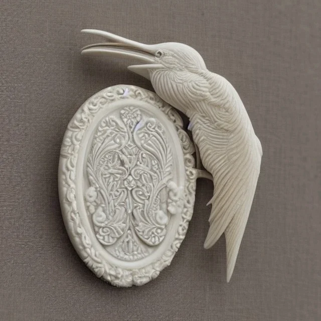 ivory brooch of a kingfisher, decorative design, classical ornament, highly ornate, highly intricate, highly detailed etching, marble carving, warm lighting, linen backdrop