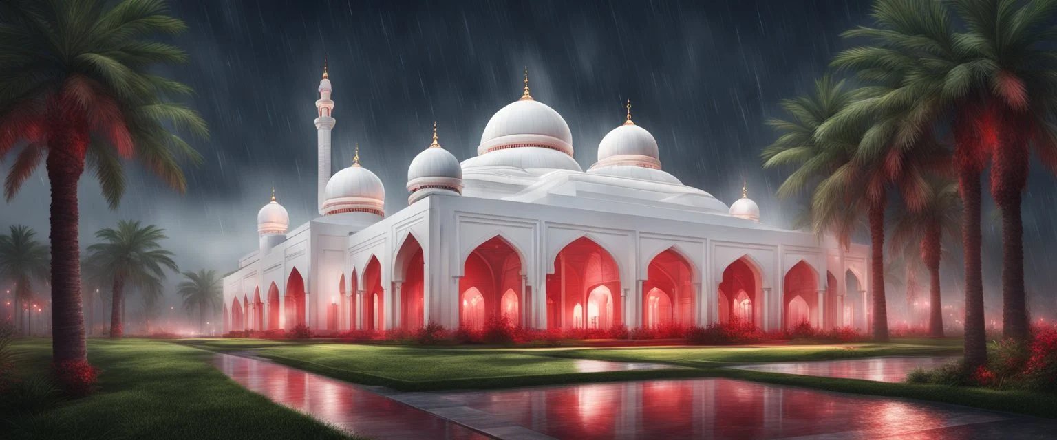 Hyper Realistic massive huge white-red mosque at a rainy night with grassy pathway & palm trees