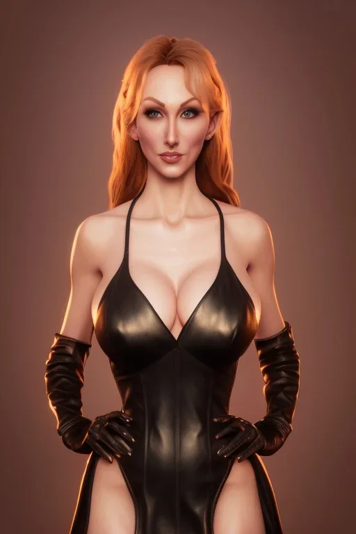 Brandi Love in black leather gown, evil, busty, cleavage, curvy, angry, happy, stern look. character design by cory loftis, fenghua zhong, ryohei hase, ismail inceoglu and ruan jia. unreal engine 5, artistic lighting, highly detailed, photorealistic, fantasy