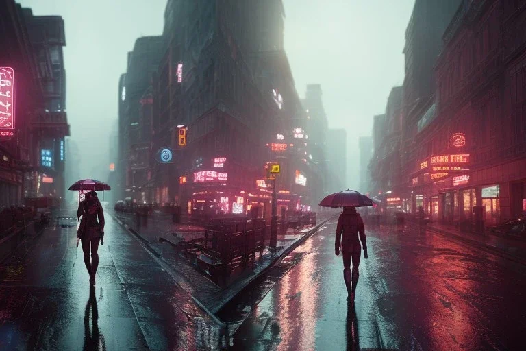 3D, beautiful, light reflecting, empty city at night, rainy night, neon, cyberpunk, person with helmet walking