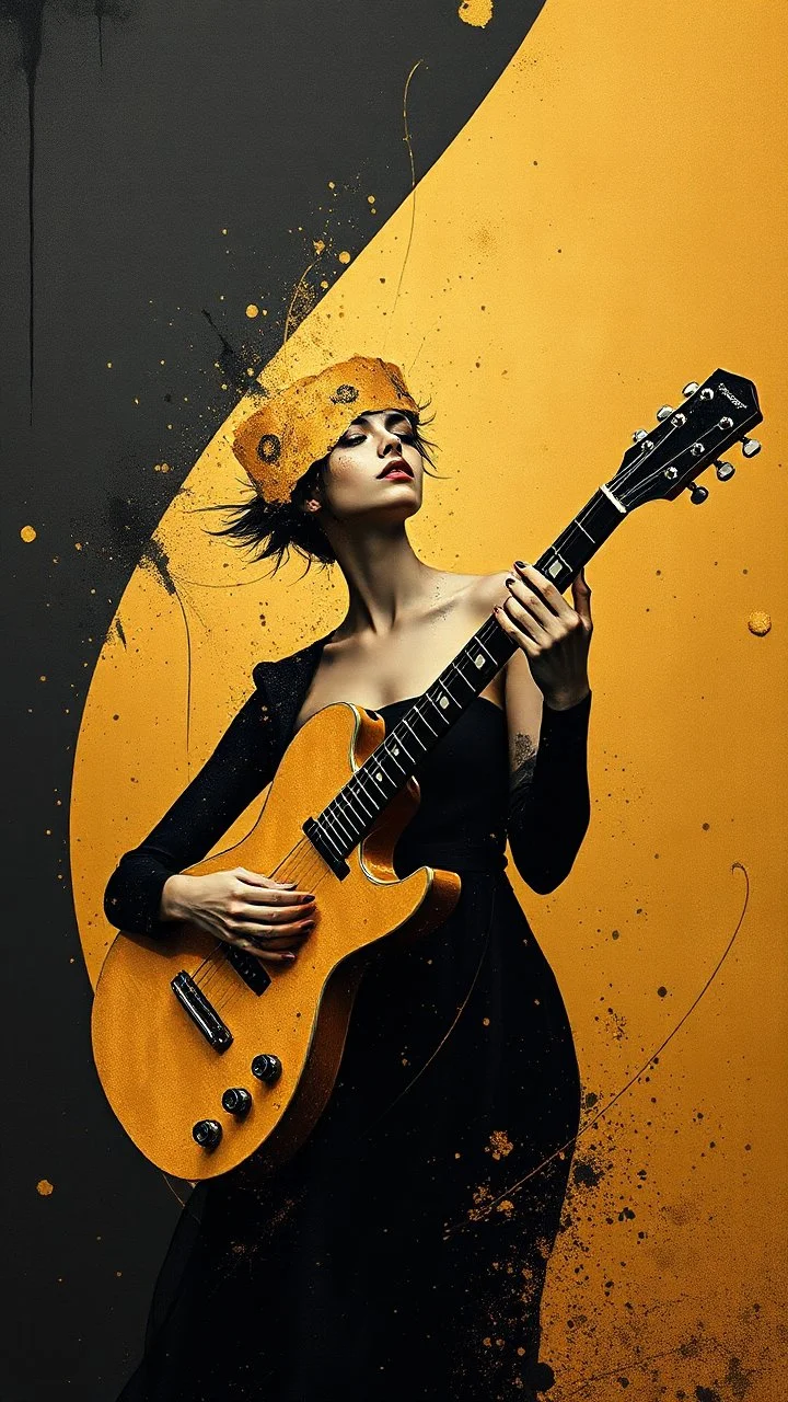 minimalism,Abstract black and gold minimalism geometric surreal beautiful fashion portrait playing the guitar ,splash art explosion,minimalist surreal surrounding background,surreal lonely depth,deep soul spirit,fantasy surreal geometry,flat,utopia,album art,cover art,album cover,cinematic,8k,epic movie still,sharp focus,by Gustav Klimt,pascal blanche,rutkowski,repin,artstation hyperrealism painting concept art of detailed character,design matte painting,leaf, Busch painting style