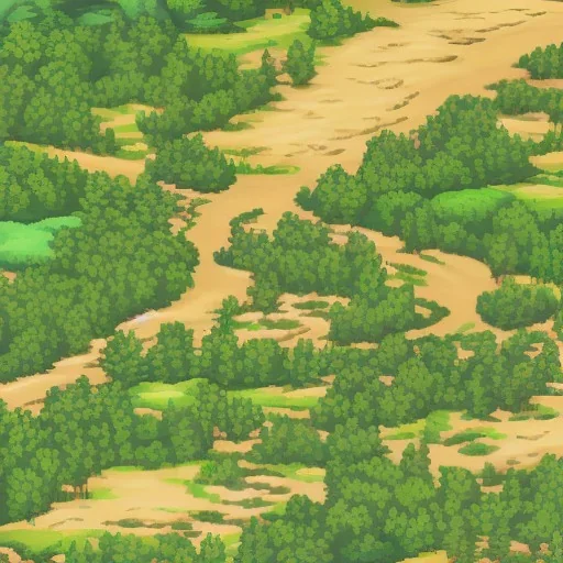 dirt road in the middle of a forest and round same size trees topdown view of a pixel art game