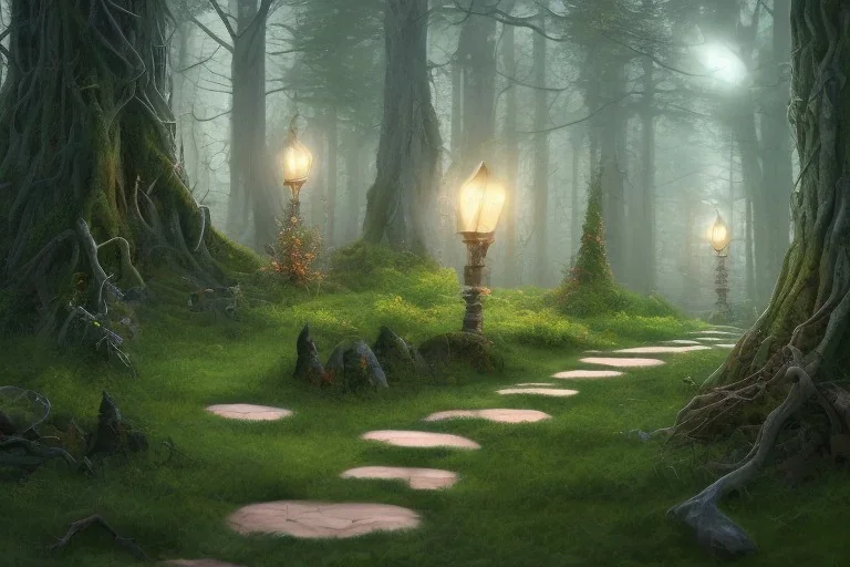  stone path lanterns forest