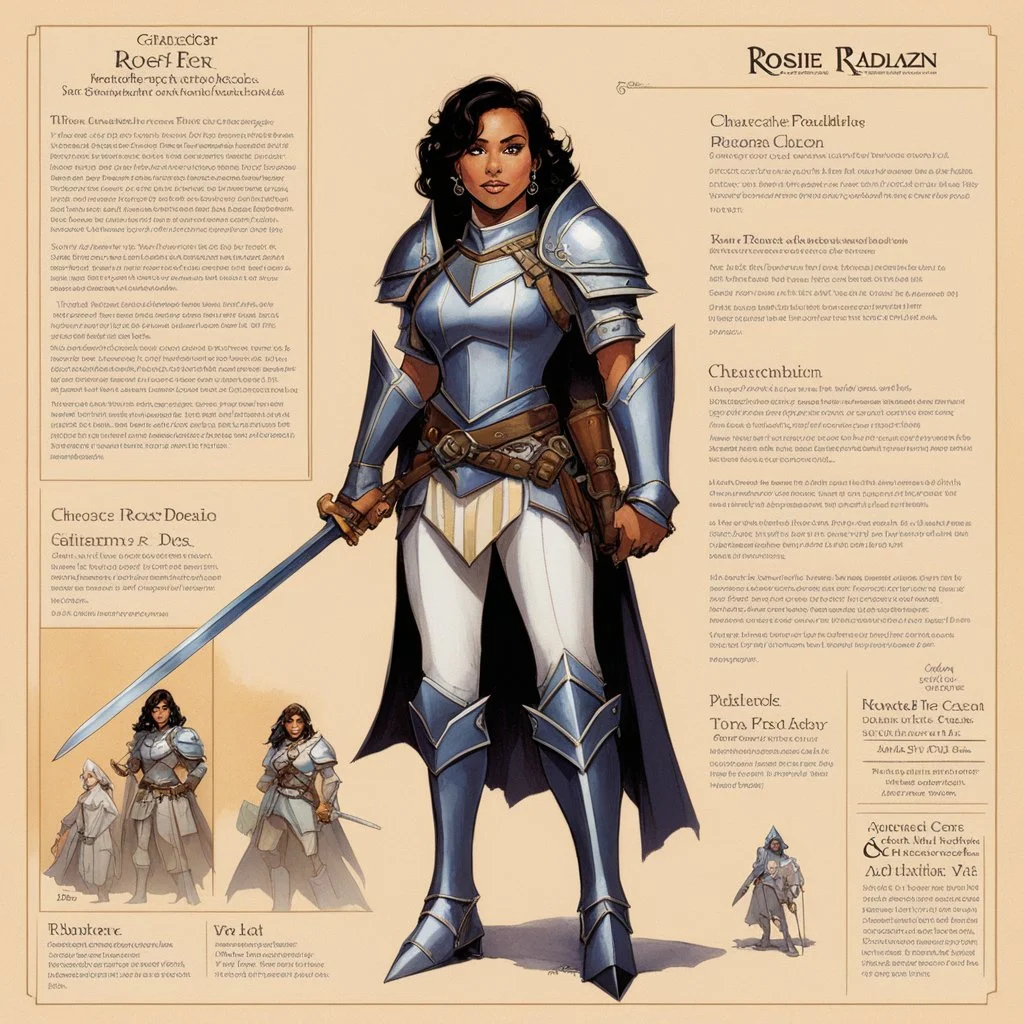 character concept sheet with AD&D statistics and characteristics, [illustration by Angus McBride] Rosie Perez as a female paladin