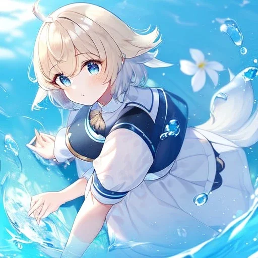 Clear focus,High resolution, Black short fluffy hair, and blue eyes, wearing a light blue short skirt with a white flower pattern near the bottom, Wearing light yellow cut sleeves that have white long flaps under it with a flower pattern near the end, wearing a white collar, water in the background