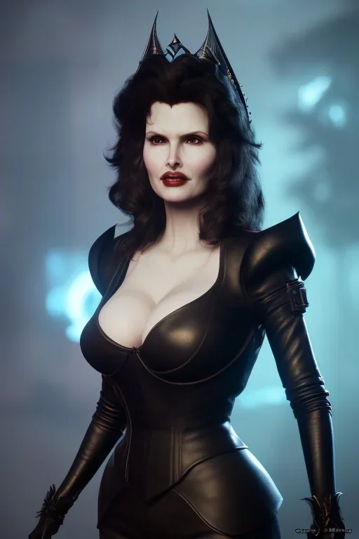 Geena Davis as evil queen in black leather, leather, busty, cleavage, angry, rage, stern look. character design by cory loftis, fenghua zhong, ryohei hase, ismail inceoglu and ruan jia. unreal engine 5, artistic lighting, highly detailed, photorealistic, fantasy