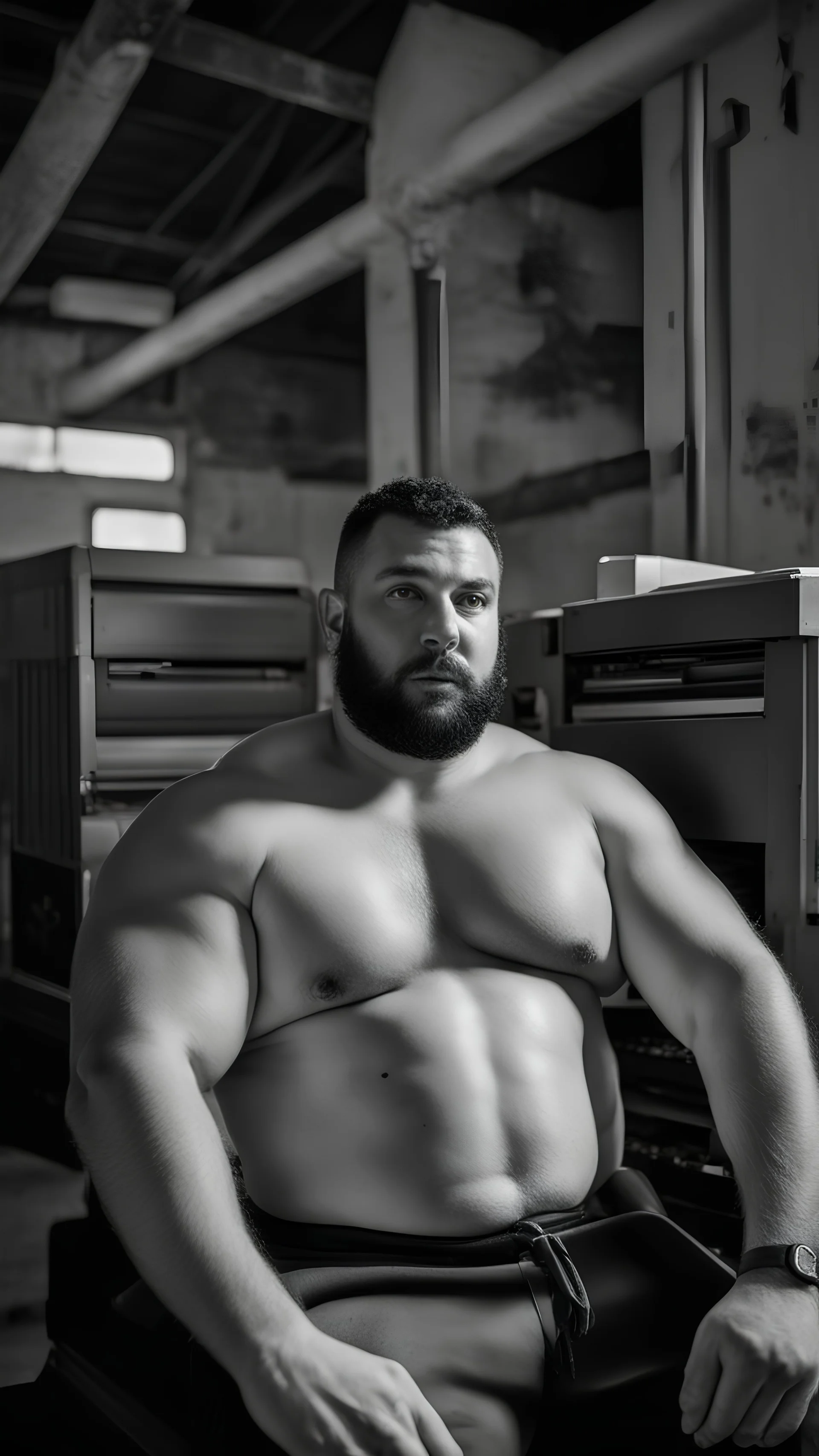 big muscular italian chubby 32 year old man in tracksuit, short beard, shirtless, printer in an old printing house, next to a huge old printer, dim light, side light, ambient occlusion