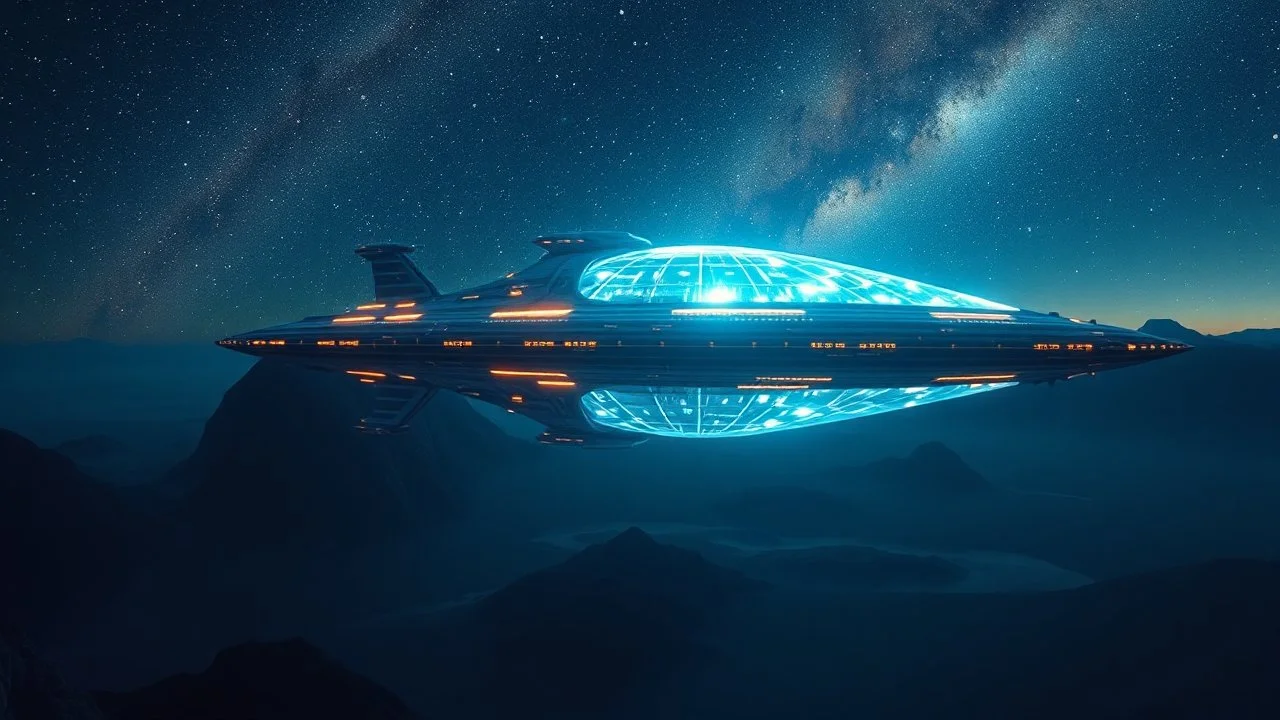 Ethereal holographic self iluminated hyper futuristic flat mothership over Es Vedra in a starry night