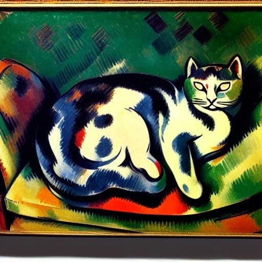 oil portrait of tricolor pattern Cat sleeping in a sofa by Paul Cézanne 8k