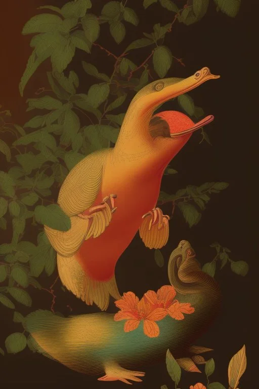 Vintage illustration in the style of Audubon of a Dodo Bird and Duckbilled Platypus in a Chinoiserie-like wallpaper pattern of apple blossoms and branches illuminated in dark reds yellows and blues.