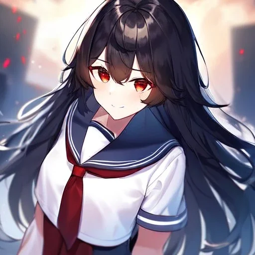 Clear focus, high resolution, black long fluffy hair, red eyes, wearing a sailor uniform, doing a evil smile