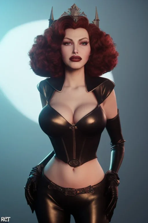 Rita Hayworth as evil queen in black leather, busty, cleavage, curvy, angry, stern look. character design by cory loftis, fenghua zhong, ryohei hase, ismail inceoglu and ruan jia. unreal engine 5, artistic lighting, highly detailed, photorealistic, fantasy