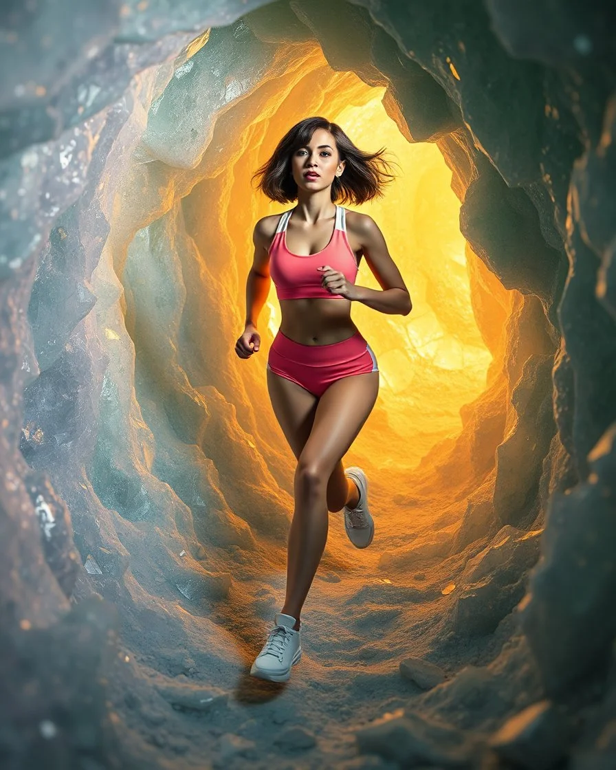make a picture pretty crystal cave made of jwells and 3d fractal recursive cubic and sphere base crystals and a beautiful fashion model lady with cute,bob hair,makeup, in pretty sports suit is running inside cave ,dynamic camera fallow her inside cave capturing full body, dynamic lights.