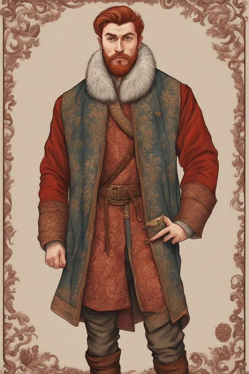 man, medieval, fighter, russian, croocked nose, czar, rich, simple clothes, short messy hair, thick beard, oligarch, brocade coat with fur, brocade clothes, pencil drawing,red hair, muscles, background frame, 20 years old, medival leather bootsspitz, gewand aus seide